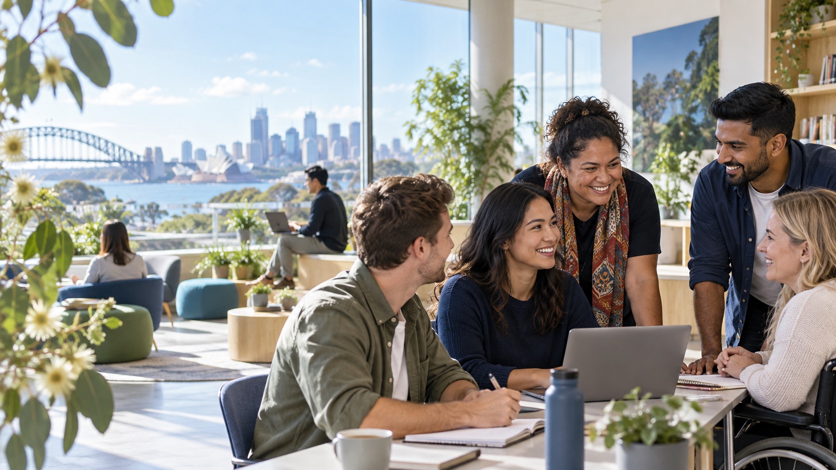 Diverse Australians collaborating in a welcoming career learning space